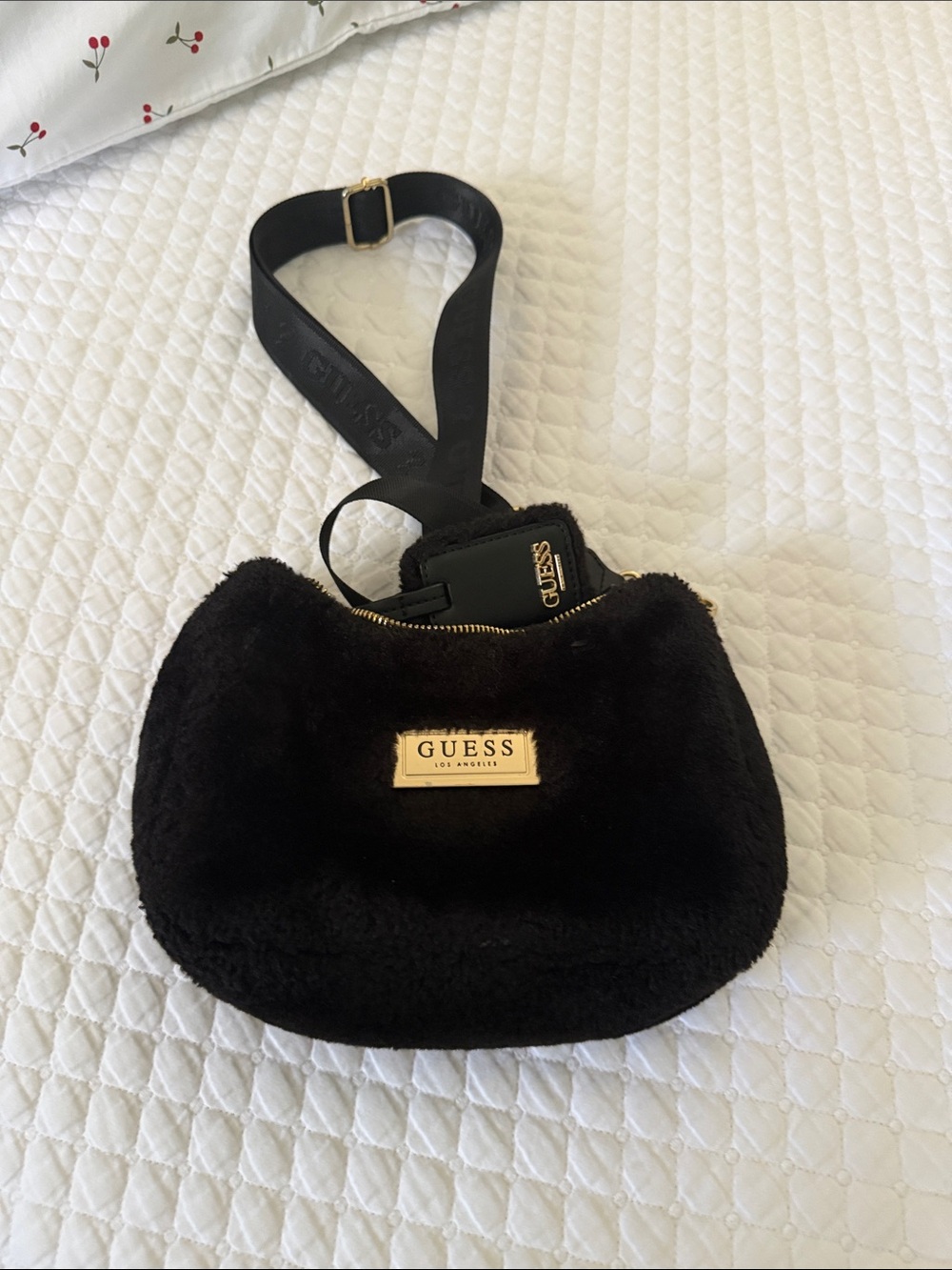 GUESS Black Faux Fur Mini Shoulder Bag with Gold Plaque